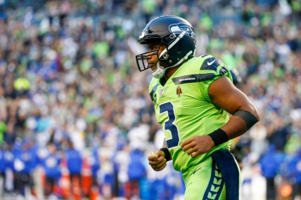 Oct 7, 2021; Seattle, Washington, USA; Seattle Seahawks quarterback Russell Wilson (3) returns to the sideline following a series against the Los Angeles Rams the second quarter at Lumen Field. Mandatory Credit: Joe Nicholson-USA TODAY Sports
