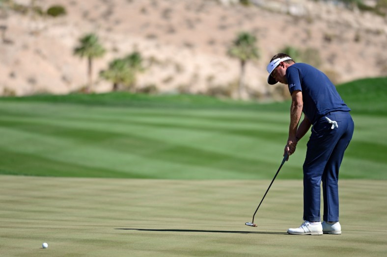 Oct 15, 2021; Las Vegas, Nevada, USA; Keith Mitchell putts on the 17th green during the second round of the CJ Cup golf tournament at The Summit Club. Mandatory Credit: Joe Camporeale-USA TODAY Sports