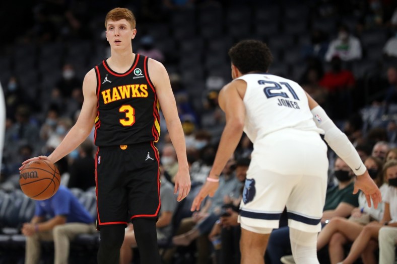 Oct 9, 2021; Memphis, Tennessee, USA; Atlanta Hawks guard Kevin Huerter (3) dribbles during the first half against the Memphis Grizzlies at FedExForum. Mandatory Credit: Petre Thomas-USA TODAY Sports