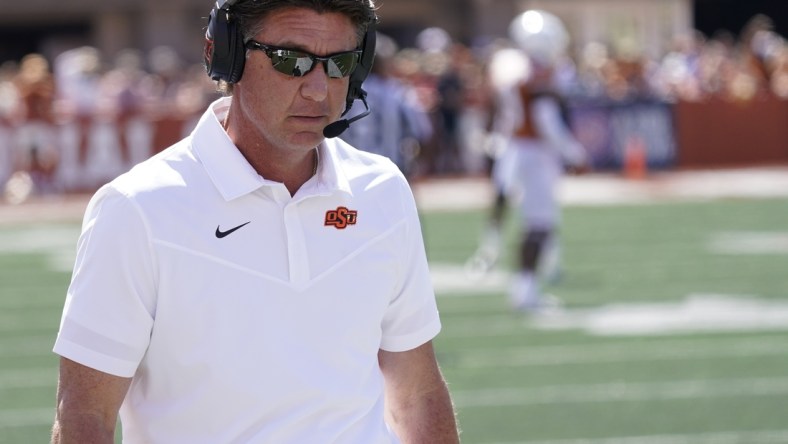 Oct 16, 2021; Austin, Texas, USA; Oklahoma State Cowboys head coach Mike Gundy in the second half of the game against the Texas Longhorns at Darrell K Royal-Texas Memorial Stadium. Mandatory Credit: Scott Wachter-USA TODAY Sports