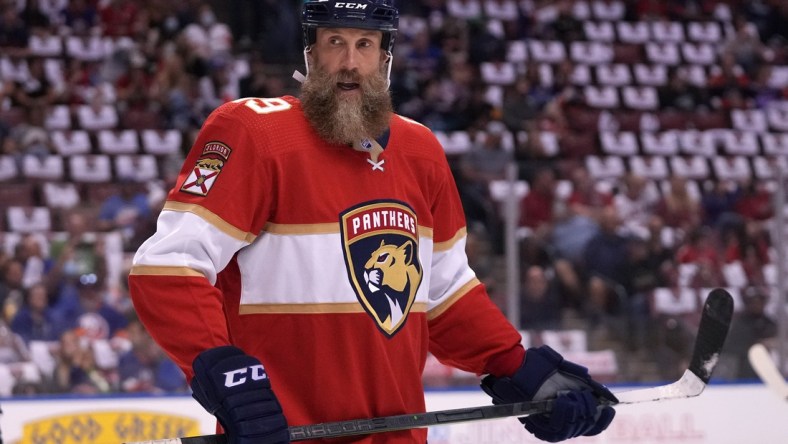 Oct 16, 2021; Sunrise, Florida, USA; Florida Panthers center Joe Thornton (19) skates on the ice during the first period against the New York Islanders at FLA Live Arena. Mandatory Credit: Jasen Vinlove-USA TODAY Sports