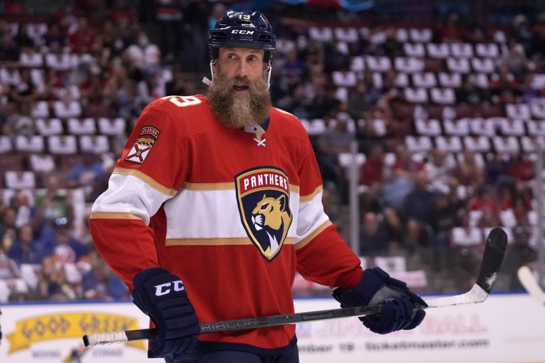 Oct 16, 2021; Sunrise, Florida, USA; Florida Panthers center Joe Thornton (19) skates on the ice during the first period against the New York Islanders at FLA Live Arena. Mandatory Credit: Jasen Vinlove-USA TODAY Sports
