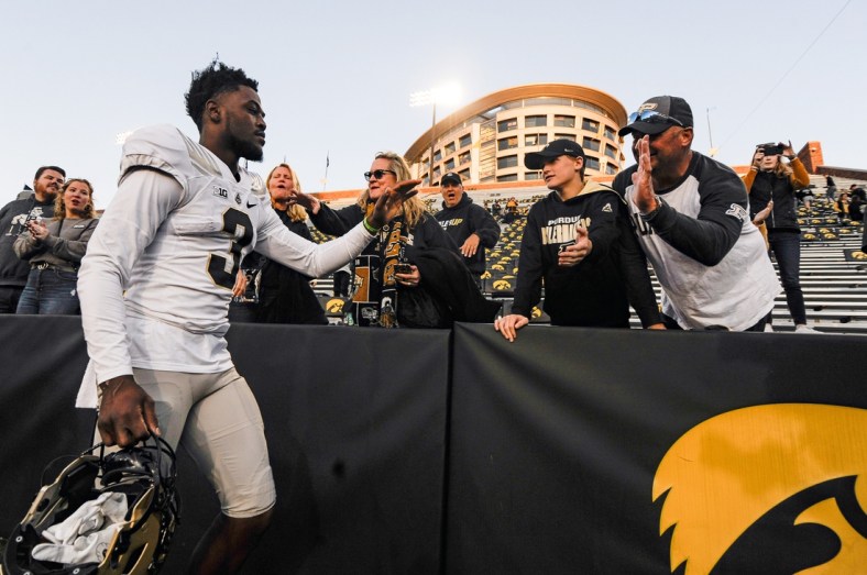 Oct 16, 2021; Iowa City, Iowa, USA; Purdue Boilermakers wide receiver David Bell (3) reacts with fans after a game against the Iowa Hawkeyes at Kinnick Stadium. Mandatory Credit: Jeffrey Becker-USA TODAY Sports