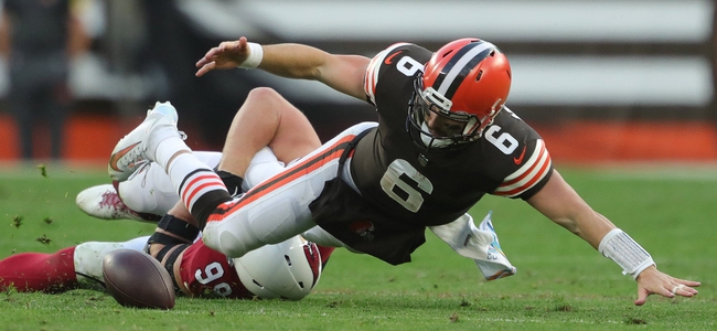 Cleveland Browns quarterback Baker Mayfield (6) fumbles the ball as he is brought down by Arizona Cardinals defensive end J.J. Watt (99) during the second half of an NFL football game at FirstEnergy Stadium, Sunday, Oct. 17, 2021, in Cleveland, Ohio. [Jeff Lange/Beacon Journal]

Browns 5