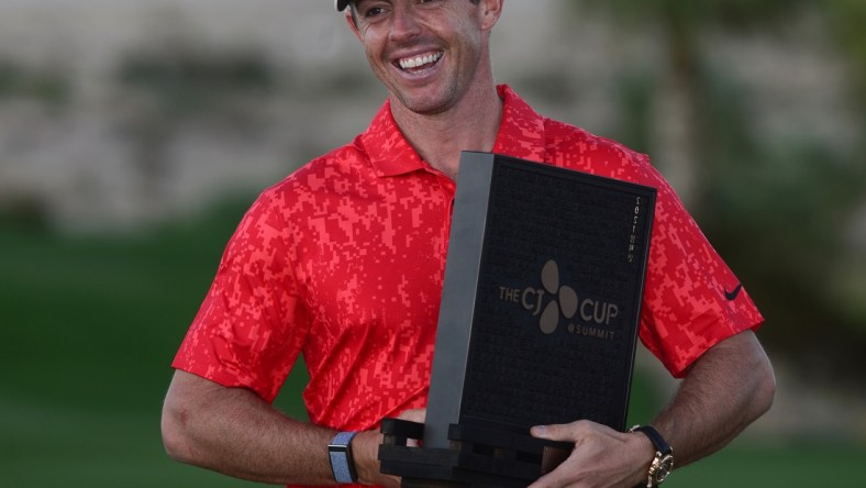 Oct 17, 2021; Las Vegas, Nevada, USA; Rory McIlroy celebrates after winning the CJ Cup golf tournament. Mandatory Credit: Joe Camporeale-USA TODAY Sports