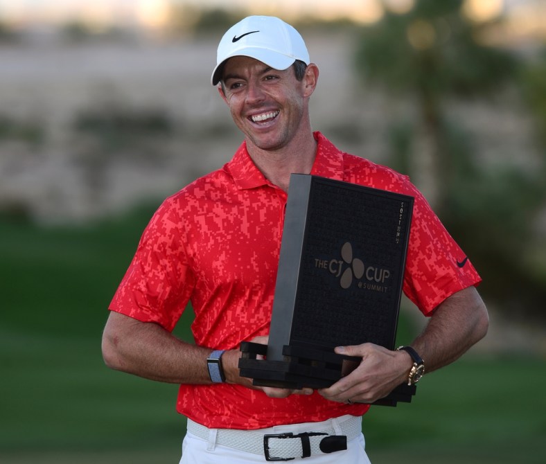 Oct 17, 2021; Las Vegas, Nevada, USA; Rory McIlroy celebrates after winning the CJ Cup golf tournament. Mandatory Credit: Joe Camporeale-USA TODAY Sports