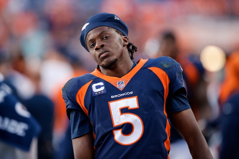 Oct 17, 2021; Denver, Colorado, USA; Denver Broncos quarterback Teddy Bridgewater (5) reacts in the fourth quarter against the Las Vegas Raiders at Empower Field at Mile High. Mandatory Credit: Isaiah J. Downing-USA TODAY Sports