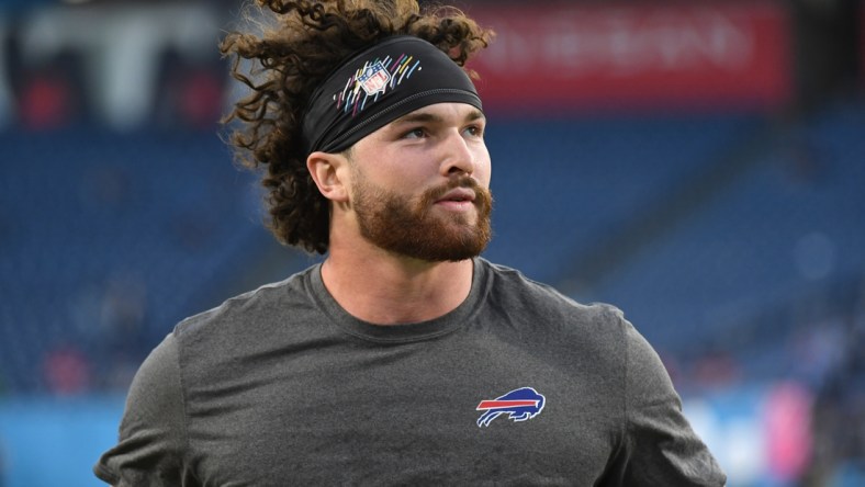 Oct 18, 2021; Nashville, Tennessee, USA; Buffalo Bills tight end Dawson Knox (88) leaves the field after warmups before the game against the Tennessee Titans at Nissan Stadium. Mandatory Credit: Christopher Hanewinckel-USA TODAY Sports