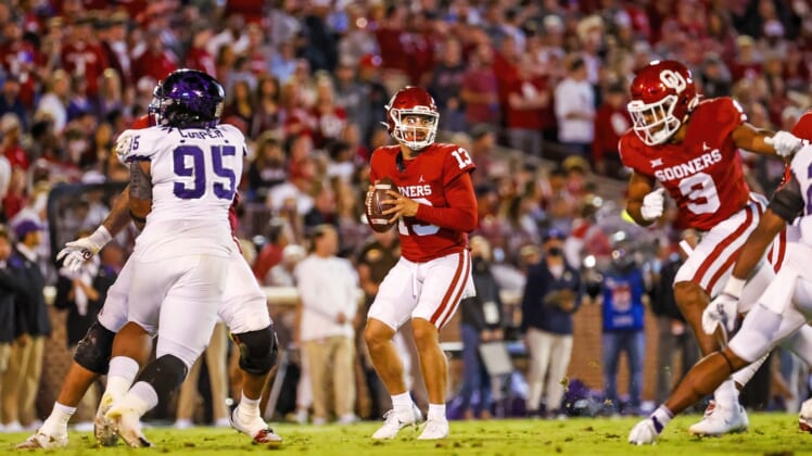 Oct 16, 2021; Norman, Oklahoma, USA; Oklahoma Sooners quarterback Caleb Williams (13) in action during the game  against the TCU Horned Frogs at Gaylord Family-Oklahoma Memorial Stadium. Mandatory Credit: Kevin Jairaj-USA TODAY Sports