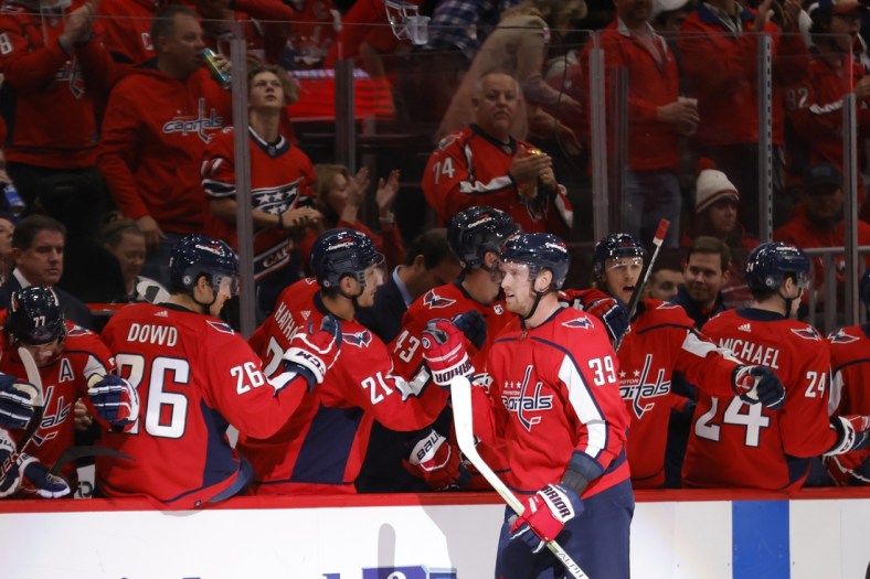 Oct 19, 2021; Washington, District of Columbia, USA; Washington Capitals right wing Anthony Mantha (39) celebrates with teammates after scoring a goal against the Colorado Avalanche during the second period at Capital One Arena. Mandatory Credit: Geoff Burke-USA TODAY Sports