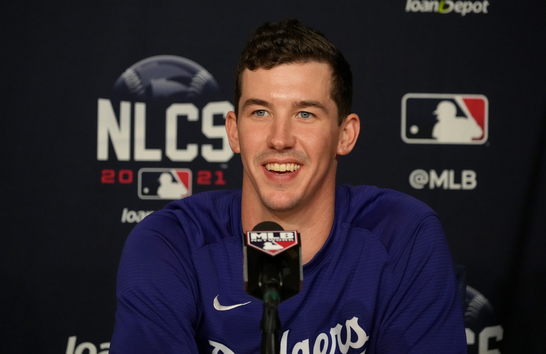 Oct 19, 2021; Los Angeles, California, USA; Los Angeles Dodgers starting pitcher Walker Buehler (21) during a press conference following game three of the 2021 NLCS at Dodger Stadium. The Dodgers won game three 6-5 and the Atlanta Braves lead the series 2 games to 1. Mandatory Credit: Kirby Lee-USA TODAY Sports