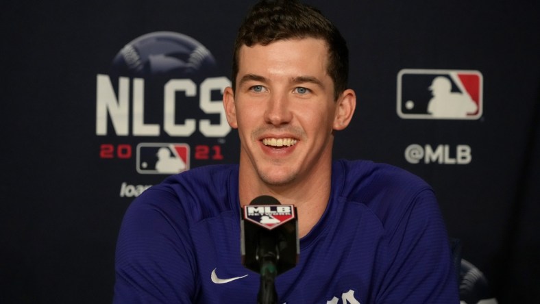 Oct 19, 2021; Los Angeles, California, USA; Los Angeles Dodgers starting pitcher Walker Buehler (21) during a press conference following game three of the 2021 NLCS at Dodger Stadium. The Dodgers won game three 6-5 and the Atlanta Braves lead the series 2 games to 1. Mandatory Credit: Kirby Lee-USA TODAY Sports