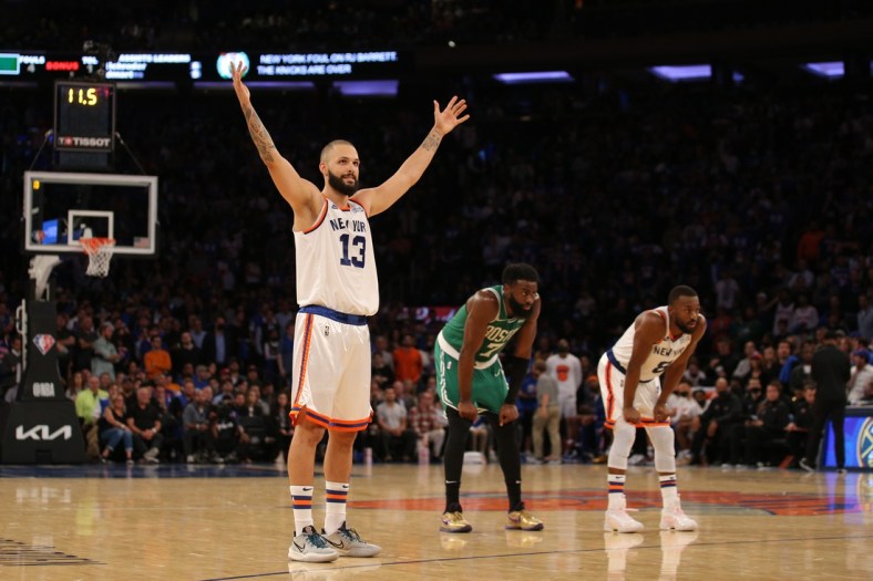 Oct 20, 2021; New York, New York, USA; New York Knicks guard Evan Fournier (13) urges the crowd to make noise during the fourth quarter against the Boston Celtics at Madison Square Garden. Mandatory Credit: Brad Penner-USA TODAY Sports