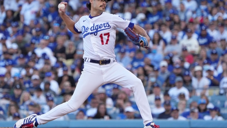 Oct 19, 2021; Los Angeles, California, USA; Los Angeles Dodgers relief pitcher Joe Kelly (17) throws in the sixth inning of game three of the 2021 NLCS against the Atlanta Braves at Dodger Stadium. Mandatory Credit: Kirby Lee-USA TODAY Sports