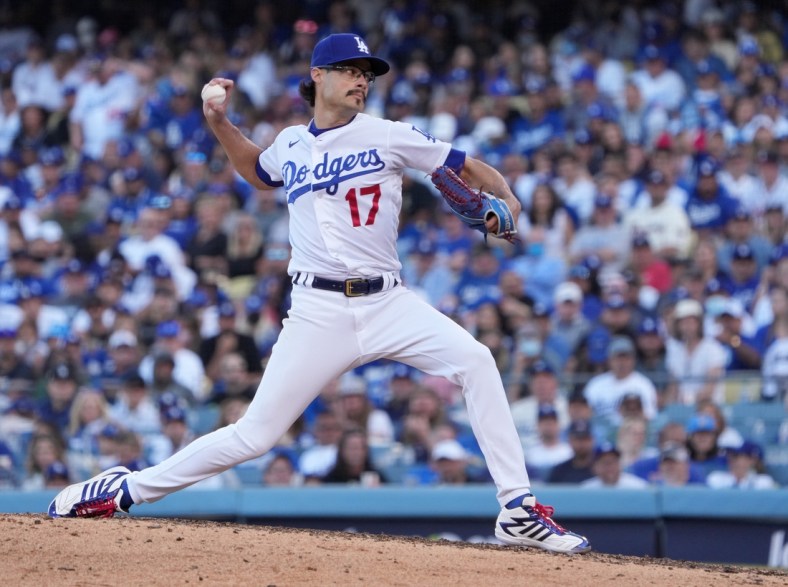 Oct 19, 2021; Los Angeles, California, USA; Los Angeles Dodgers relief pitcher Joe Kelly (17) throws in the sixth inning of game three of the 2021 NLCS against the Atlanta Braves at Dodger Stadium. Mandatory Credit: Kirby Lee-USA TODAY Sports