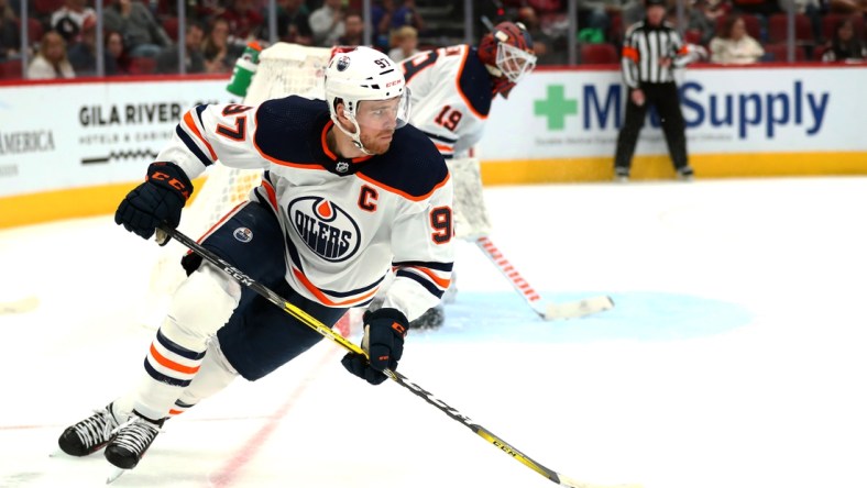 Oct 21, 2021; Glendale, Arizona, USA; Edmonton Oilers center Connor McDavid (97) skates on the ice during the third period against the Arizona Coyotes at Gila River Arena. Mandatory Credit: Mark J. Rebilas-USA TODAY Sports