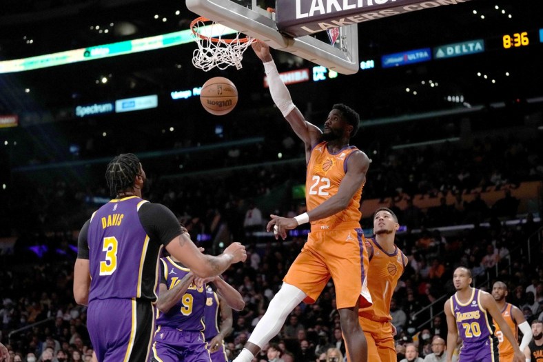 Oct 22, 2021; Los Angeles, California, USA; Phoenix Suns center Deandre Ayton (22) dunks the ball against the Los Angeles Lakers at Staples Center. The Suns defeated the Lakers 115-105. Mandatory Credit: Kirby Lee-USA TODAY Sports