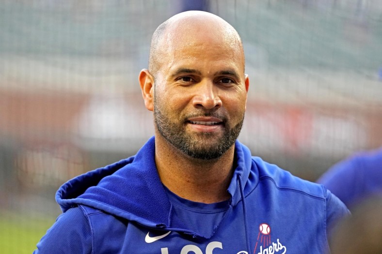 Oct 23, 2021; Cumberland, Georgia, USA; Los Angeles Dodgers first baseman Albert Pujols (55) warms up before playing the Atlanta Braves in game six of the 2021 NLCS at Truist Park. Mandatory Credit: Dale Zanine-USA TODAY Sports