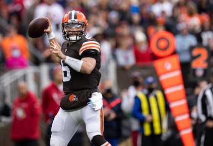 Oct 17, 2021; Cleveland, Ohio, USA; Cleveland Browns quarterback Baker Mayfield (6) throws the ball during the first quarter against the Arizona Cardinals at FirstEnergy Stadium. Mandatory Credit: Scott Galvin-USA TODAY Sports