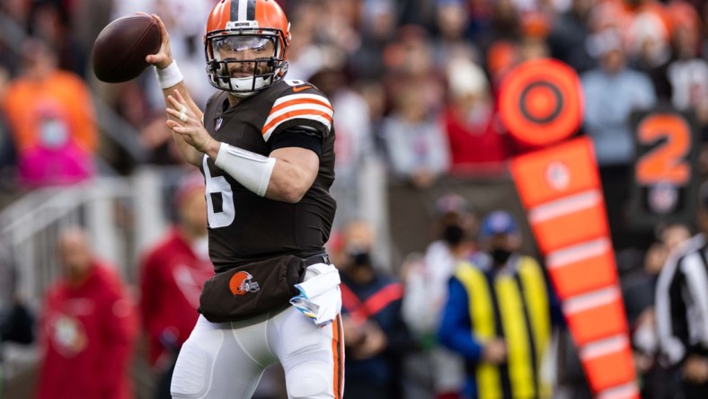 Oct 17, 2021; Cleveland, Ohio, USA; Cleveland Browns quarterback Baker Mayfield (6) throws the ball during the first quarter against the Arizona Cardinals at FirstEnergy Stadium. Mandatory Credit: Scott Galvin-USA TODAY Sports