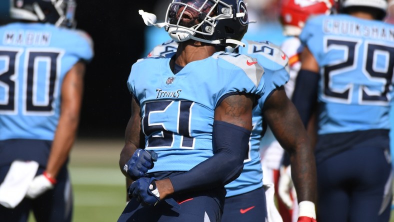 Oct 24, 2021; Nashville, Tennessee, USA; Tennessee Titans linebacker David Long (51) after a defensive stop during the first half against the Kansas City Chiefs at Nissan Stadium. Mandatory Credit: Christopher Hanewinckel-USA TODAY Sports