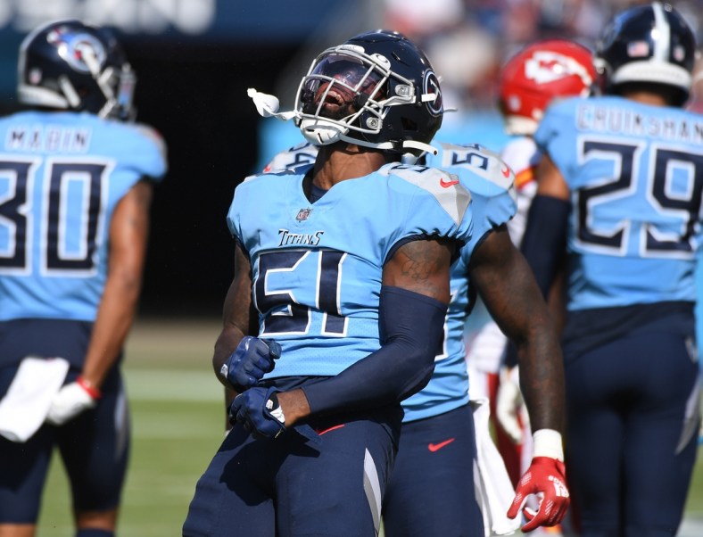 Oct 24, 2021; Nashville, Tennessee, USA; Tennessee Titans linebacker David Long (51) after a defensive stop during the first half against the Kansas City Chiefs at Nissan Stadium. Mandatory Credit: Christopher Hanewinckel-USA TODAY Sports