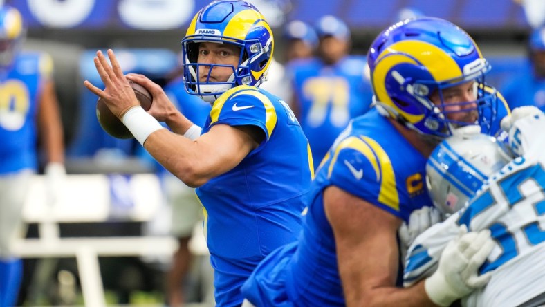 Oct 24, 2021; Inglewood, California, USA; Los Angeles Rams quarterback Matthew Stafford (9) throws a pass during the first quarter against the Detroit Lionsu at SoFi Stadium. Mandatory Credit: Robert Hanashiro-USA TODAY Sports