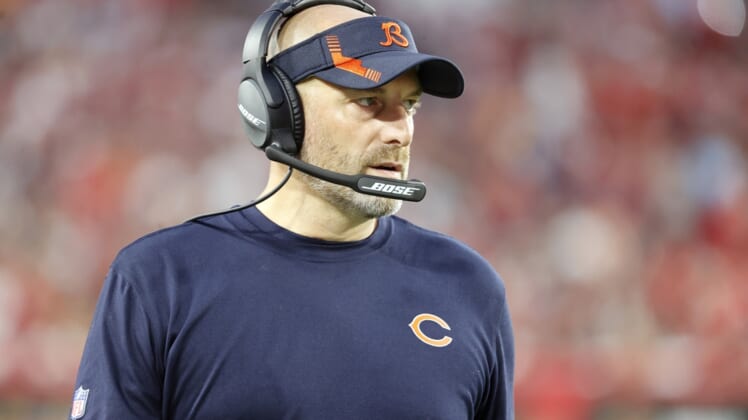 Oct 24, 2021; Tampa, Florida, USA; Chicago Bears head coach Matt Nagy looks on against the Tampa Bay Buccaneers during the second half at Raymond James Stadium. Mandatory Credit: Kim Klement-USA TODAY Sports