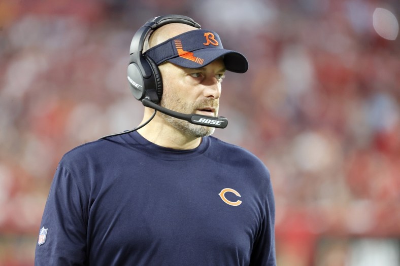 Oct 24, 2021; Tampa, Florida, USA; Chicago Bears head coach Matt Nagy looks on against the Tampa Bay Buccaneers during the second half at Raymond James Stadium. Mandatory Credit: Kim Klement-USA TODAY Sports