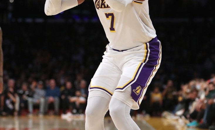 Oct 24, 2021; Los Angeles, California, USA; Los Angeles Lakers forward Carmelo Anthony (7) shoots a three-pointer during the third quarter to move into 9th place on the All-Time Scoring List during the game against the Memphis Grizzlies at Staples Center. The Lakers won 121-118. Mandatory Credit: Kiyoshi Mio-USA TODAY Sports