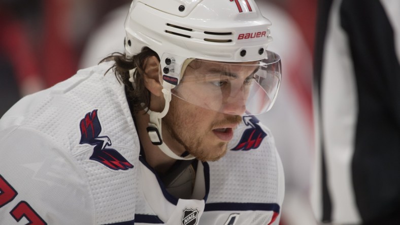 Oct 25, 2021; Ottawa, Ontario, CAN; Washington Capitals right wing T.J. Oshie (77) looks on in the second period against the Ottawa Senators at the Canadian Tire Centre. Mandatory Credit: Marc DesRosiers-USA TODAY Sports