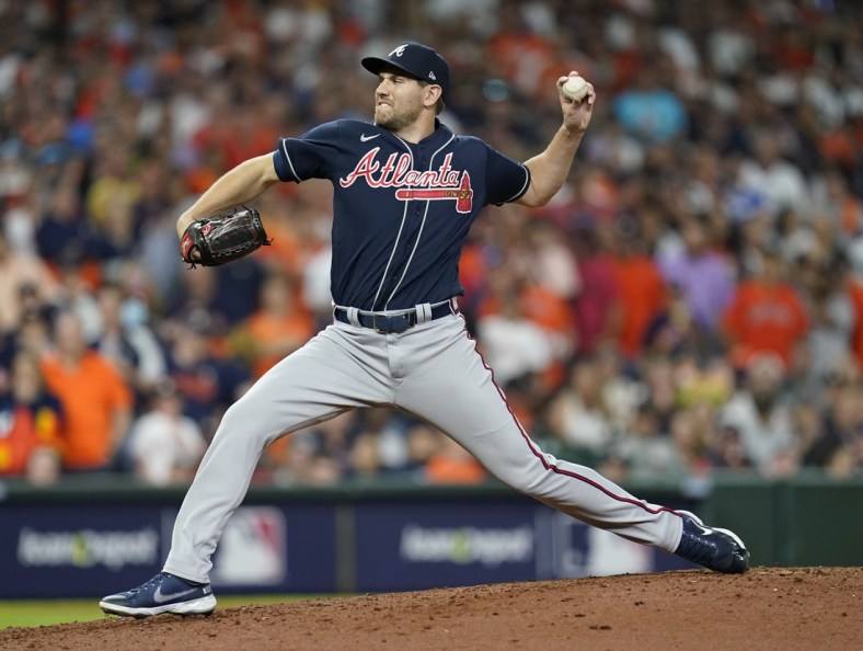 Oct 27, 2021; Houston, TX, USA; Atlanta Braves relief pitcher Dylan Lee throws a pitch against the Houston Astros during the sixth inning in game two of the 2021 World Series at Minute Maid Park. Mandatory Credit: Thomas Shea-USA TODAY Sports