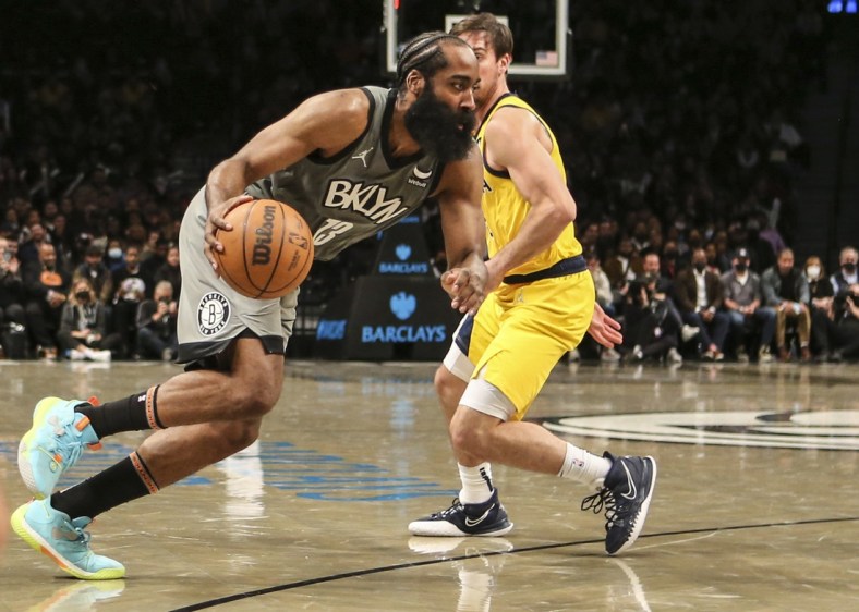 Oct 29, 2021; Brooklyn, New York, USA;  Brooklyn Nets guard James Harden (13) moves to the basket in the third quarter at Barclays Center. Mandatory Credit: Wendell Cruz-USA TODAY Sports