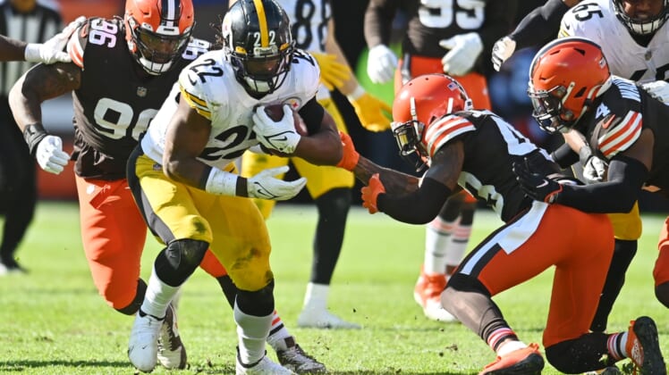 Oct 31, 2021; Cleveland, Ohio, USA; Pittsburgh Steelers running back Najee Harris (22) runs with the ball as Cleveland Browns defensive tackle Jordan Elliott (96) and free safety John Johnson (43) defend during the first half at FirstEnergy Stadium. Mandatory Credit: Ken Blaze-USA TODAY Sports