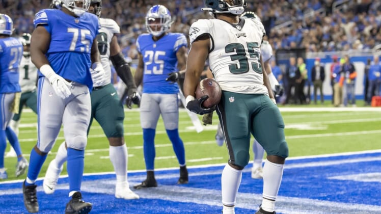 Oct 31, 2021; Detroit, Michigan, USA; Philadelphia Eagles running back Boston Scott (35) scores a first quarter touch down against the Detroit Lions at Ford Field. Mandatory Credit: David Reginek-USA TODAY Sports