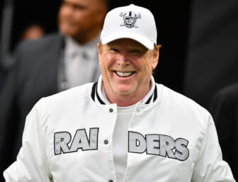 Sep 13, 2021; Paradise, Nevada, USA; Las Vegas Raiders head coach Jon Gruden watches game action against the Baltimore Ravens during the first half at Allegiant Stadium. Mandatory Credit: Mark J. Rebilas-USA TODAY Sports