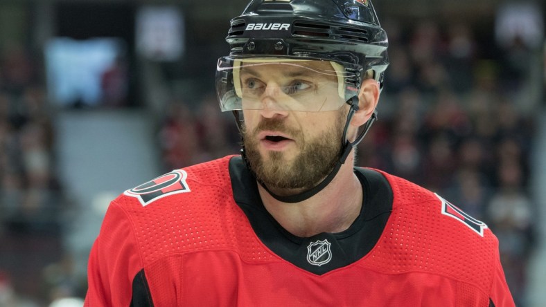 Feb 15, 2018; Ottawa, Ontario, CAN; Ottawa Senators right wing Marian Gaborik (12) skates during a break in the second period against the Buffalo Sabres at Canadian Tire Centre. Mandatory Credit: Marc DesRosiers-USA TODAY Sports