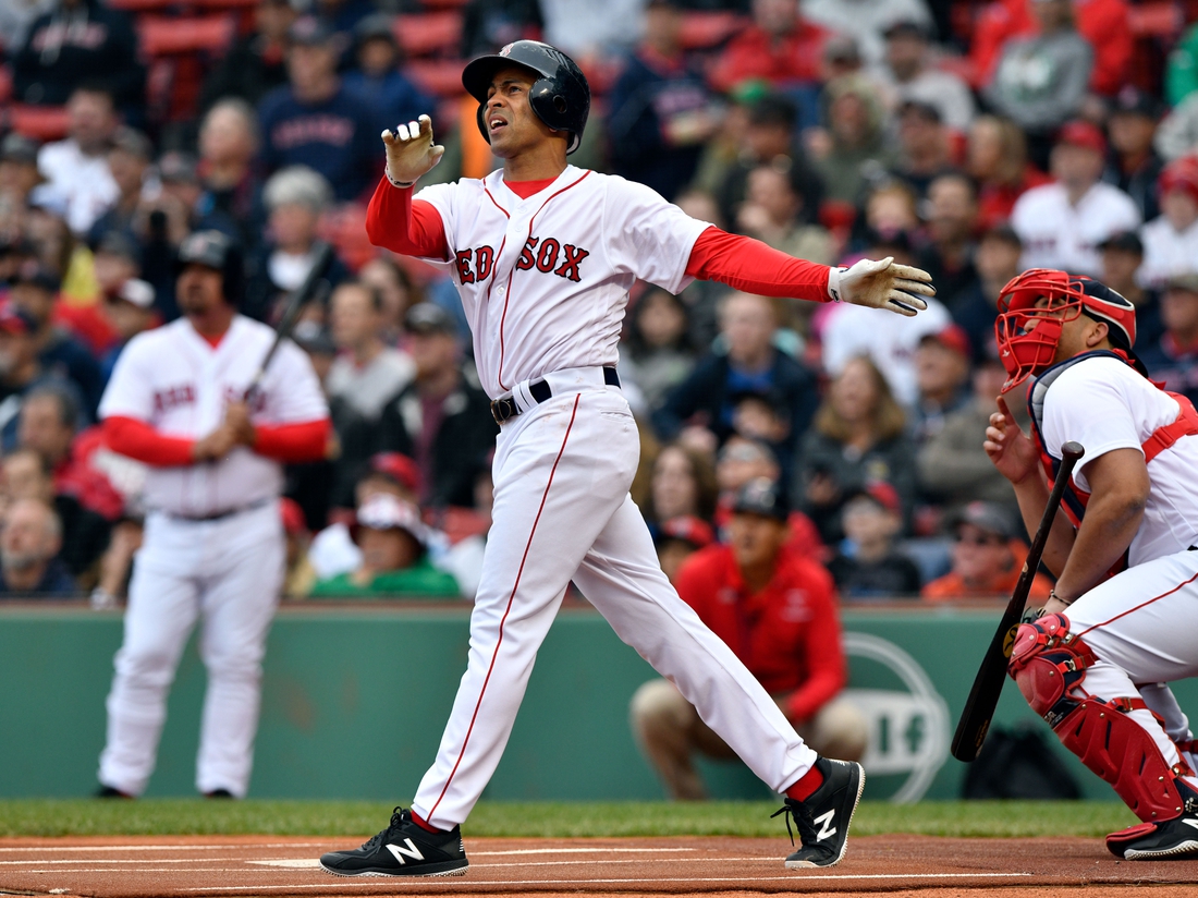 May 27, 2018; Boston, MA, USA; Boston Red Sox Alumni Julio Lugo watches the ball after hitting a home run during an Alumni Game at Fenway Park. Mandatory Credit: Brian Fluharty-USA TODAY Sports