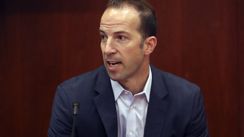 Jul 2, 2019; Arlington, TX, USA; Los Angeles Angels general manager Billy Eppler speaks during a press conference about the death of pitcher Tyler Skaggs before the game against the Texas Rangers at Globe Life Park in Arlington. Mandatory Credit: Kevin Jairaj-USA TODAY Sports