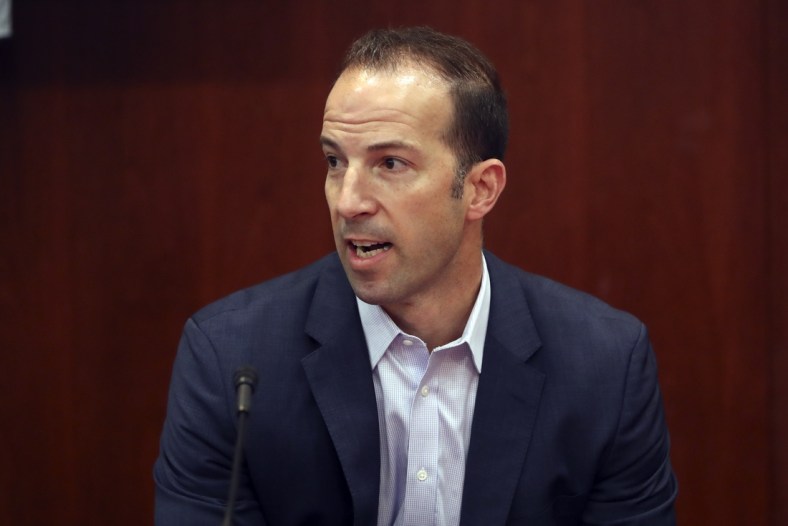 Jul 2, 2019; Arlington, TX, USA; Los Angeles Angels general manager Billy Eppler speaks during a press conference about the death of pitcher Tyler Skaggs before the game against the Texas Rangers at Globe Life Park in Arlington. Mandatory Credit: Kevin Jairaj-USA TODAY Sports