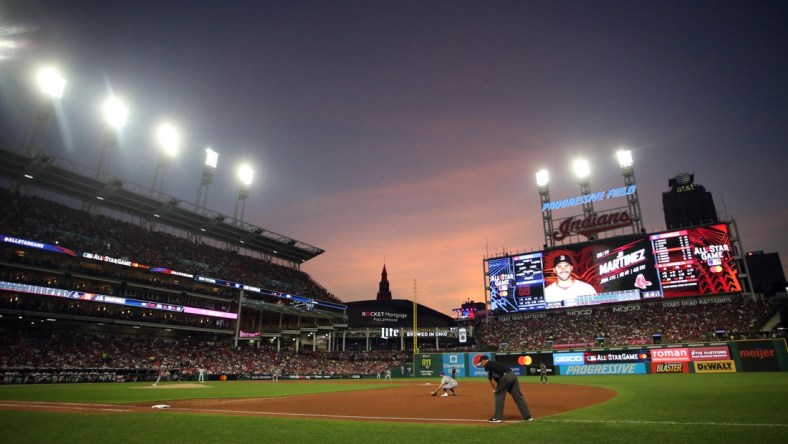 Jul 9, 2019; Cleveland, OH, USA; General view of the sunset as American League designated hitter J.D. Martinez (28) of the Boston Red Sox is up to bat in the 2019 MLB All Star Game at Progressive Field. Mandatory Credit: Charles LeClaire-USA TODAY Sports