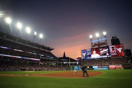 Jul 9, 2019; Cleveland, OH, USA; General view of the sunset as American League designated hitter J.D. Martinez (28) of the Boston Red Sox is up to bat in the 2019 MLB All Star Game at Progressive Field. Mandatory Credit: Charles LeClaire-USA TODAY Sports