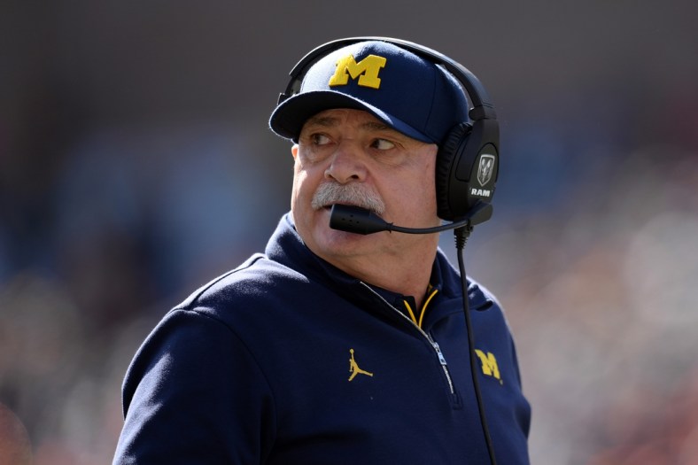 Oct 12, 2019; Champaign, IL, USA; Michigan Wolverines defensive coordinator Don Brown looks on during the second half of the game against the Illinois Fighting Illini at Memorial Stadium. Mandatory Credit: Michael Allio-USA TODAY Sports