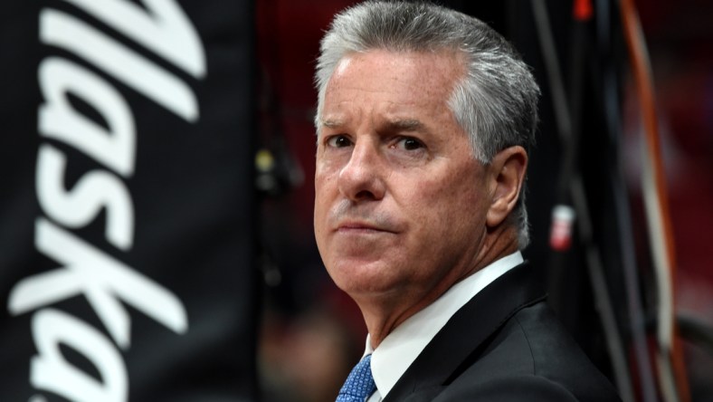 Nov 8, 2019; Portland, OR, USA; Portland Trail Blazers General Manager Neil Olshey looks on during warm ups before the game against the Brooklyn Nets at Moda Center. Mandatory Credit: Steve Dykes-USA TODAY Sports