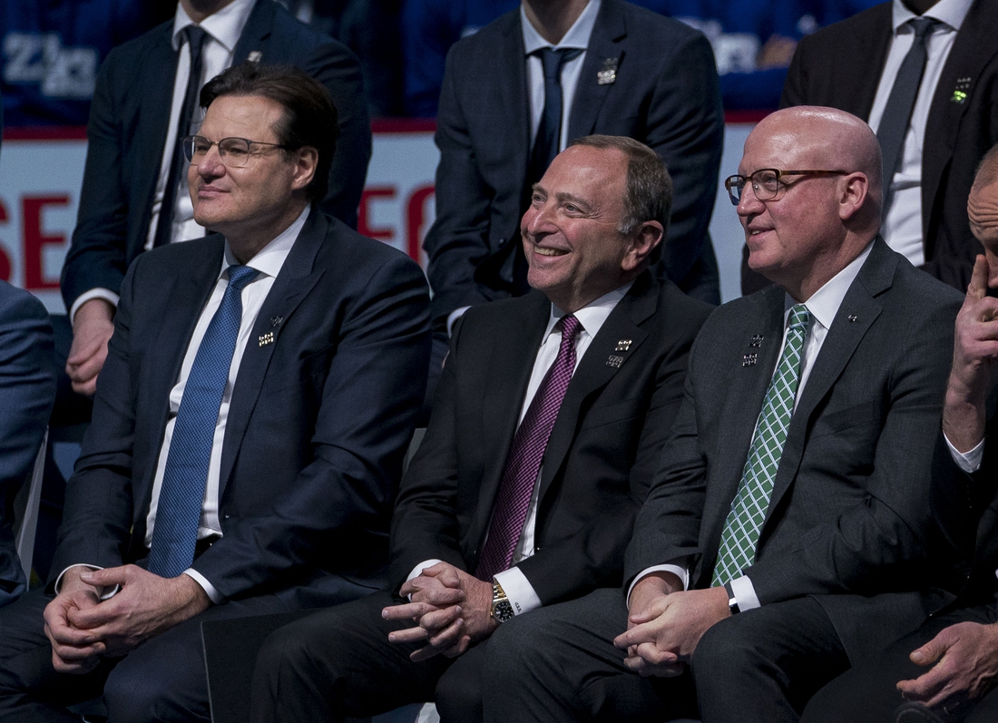 Feb 12, 2020; Vancouver, British Columbia, CAN; Gary Bettman commissioner of the National Hockey League with a smile during the Sedin's retirement ceremony prior to a game between the Vancouver Canucks and Chicago Blackhawks. Mandatory Credit: Bob Frid-USA TODAY Sports