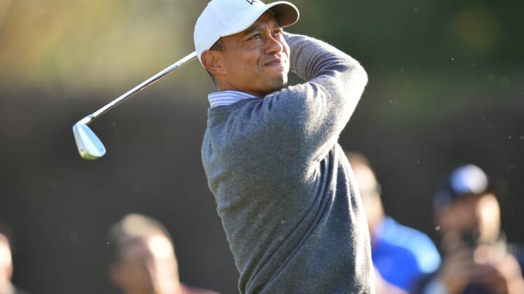 February 14, 2020; Pacific Palisades, California, USA; Tiger Woods hits from the fourteenth hole tee box during the second round of the The Genesis Invitational golf tournament at Riviera Country Club. Mandatory Credit: Gary A. Vasquez-USA TODAY Sports