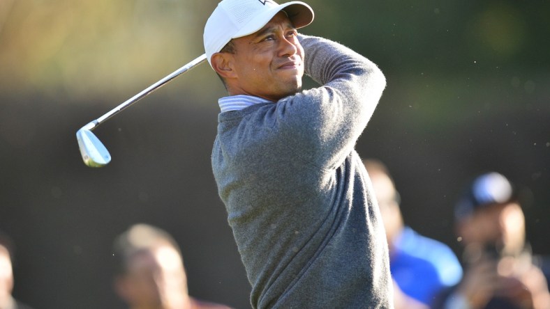 February 14, 2020; Pacific Palisades, California, USA; Tiger Woods hits from the fourteenth hole tee box during the second round of the The Genesis Invitational golf tournament at Riviera Country Club. Mandatory Credit: Gary A. Vasquez-USA TODAY Sports