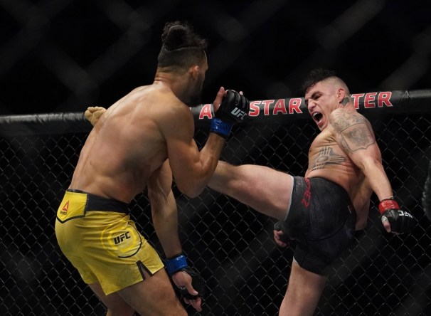 Feb 15, 2020; Rio Rancho, New Mexico, USA; Diego Sanchez (red) fights Michel Pereira (blue) in the welterweight bout during UFC Fight Night at Santa Ana Star Arena. Mandatory Credit: Kirby Lee-USA TODAY Sports
