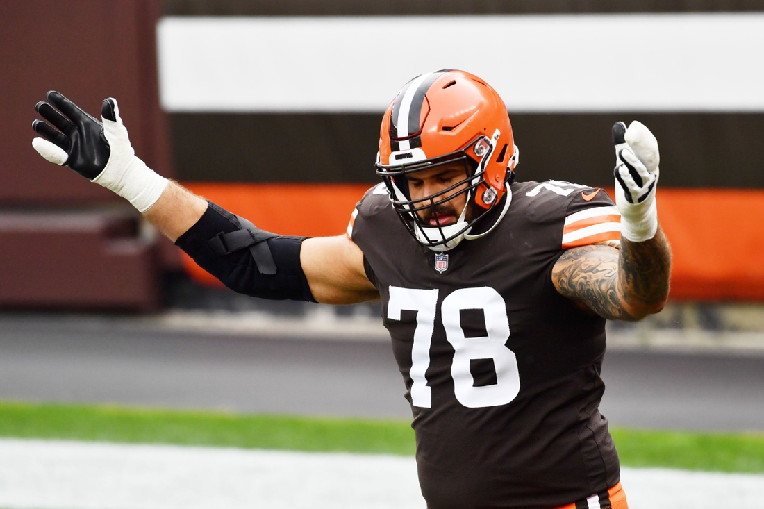 Oct 11, 2020; Cleveland, Ohio, USA; Cleveland Browns offensive tackle Jack Conklin (78) is introduced before the game between the Cleveland Browns and the Indianapolis Colts at FirstEnergy Stadium. Mandatory Credit: Ken Blaze-USA TODAY Sports