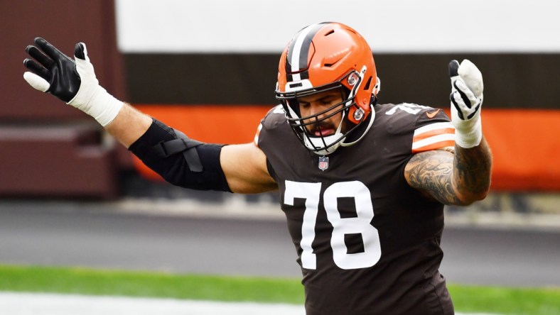 Oct 11, 2020; Cleveland, Ohio, USA; Cleveland Browns offensive tackle Jack Conklin (78) is introduced before the game between the Cleveland Browns and the Indianapolis Colts at FirstEnergy Stadium. Mandatory Credit: Ken Blaze-USA TODAY Sports